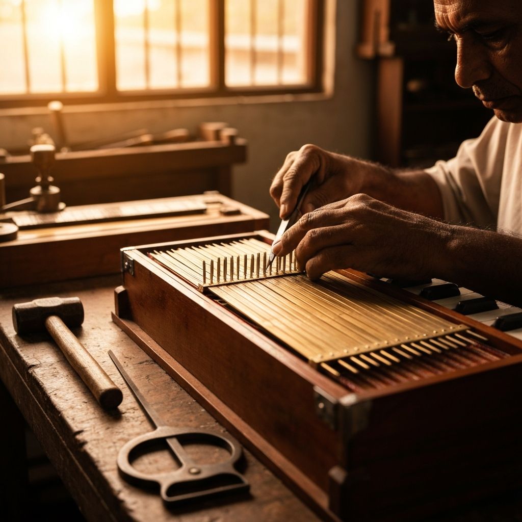 Quality inspection of a harmonium at Ganpati Musicals
